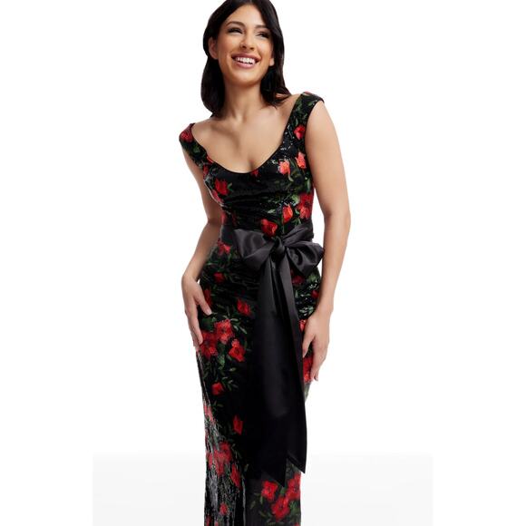 DRESS THE POPULATION Dottie Sequin Midi Dress in Rouge Multi - Picture 1 of 8